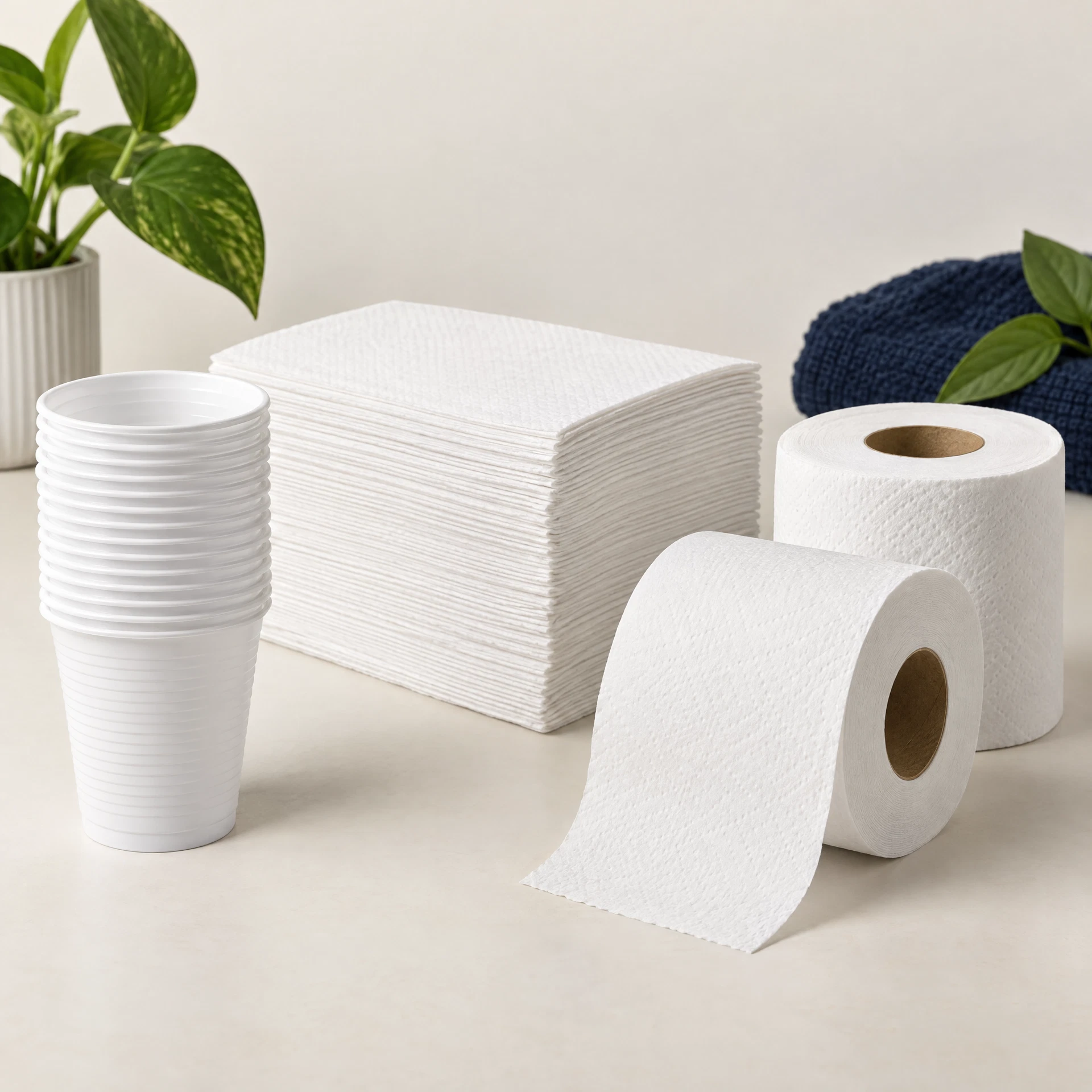 Copos descartáveis, papel-toalha e papel higiênico